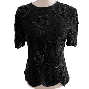 Stenay Beaded Black Sequin Silk Blouse Top  Size Medium